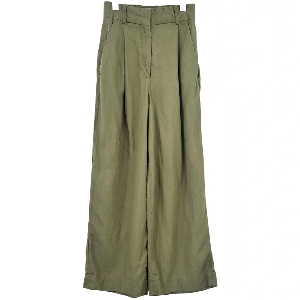 COS Khaki Green High Waisted Wide Leg Relaxed Fit Lyocell Linen Trousers Pants - Picture 5 of 11